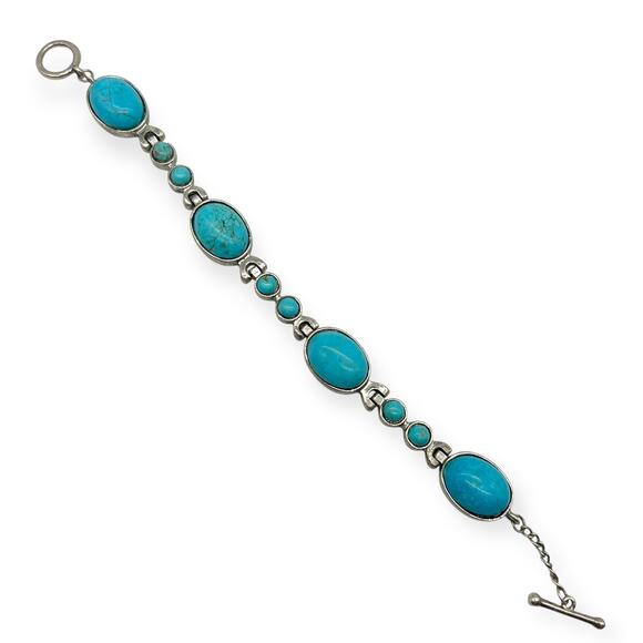 Vintage Bohemian Bracelet Turquoise Blue Round Silver Shape Semiprecious Howlite - Picture 11 of 14